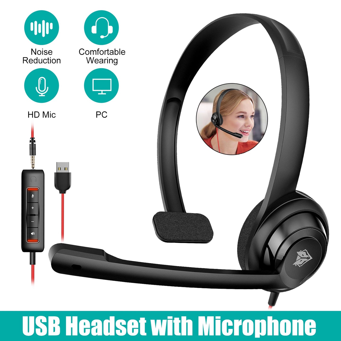 USB C/3.5mm Jack Wired Single sided Headphones - Plug and Play Wired Headphones with in-Line Volume Control 3.5mm Jack for Laptop, Mac, Computer