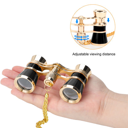 3x25 Classic Foldable Opera Glasses Binocular - Retro Design Metal Body with Necklace Chain,Optical Lens Theatre Telescope great Gifts (Black)