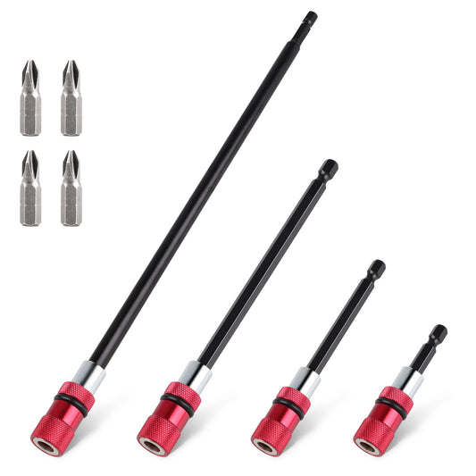 4Pcs Steel Drill Extension Bit Holder Set - 12'' 6'' 4'' 2'' Magnetic Drill Screwdriver Bit Extender 1/4 inch Hex Bit Holder, Impact Driver Extension Adjustable Depth Screwdriver