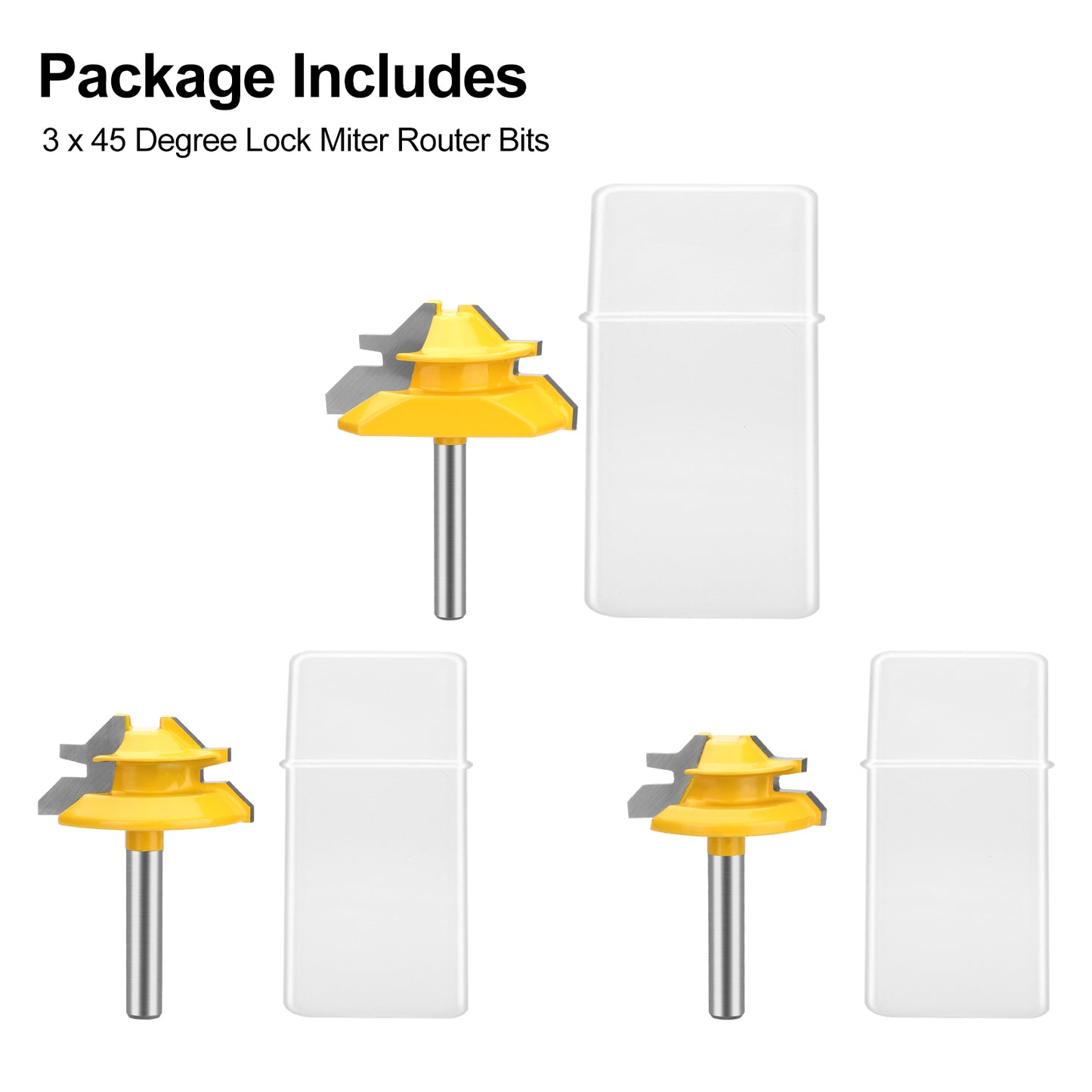 3Pcs 1/4 Inch Shank 45 Degree Lock Miter Router Bit - 31/64", 37/64", and 3/4"height,Wood Milling Cutter Joint Tools,for doors,closet,windows,woodworking projects