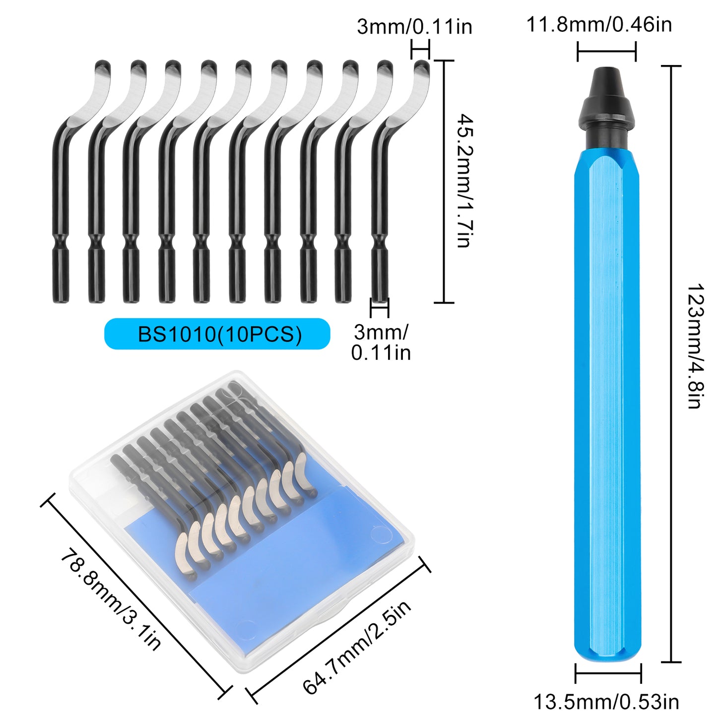 Deburring Tool Set with 10 Extra Blades - Aluminum Handle,High-Speed Steel Blades, 360 Degree Rotatable,For metal, steel, copper, aluminum, plastic, PVC, and trunking