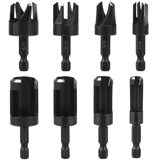 8 Pcs Wood Plug Cutter Drill Bit Set - 1/4" Hex Shank, Carbon Steel Straight & Tapered Cutting Tools for Woodworking (1/4", 5/16", 3/8", 1/2")