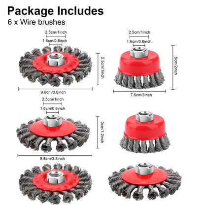 6pcs Wire Wheel Brush Set - 3"/4" Knotted Wire Cup Brush,5/8 Inch-11 Threaded Arbor,Ideal for surface adhesion treatment before painting, spray coating, and electroplating