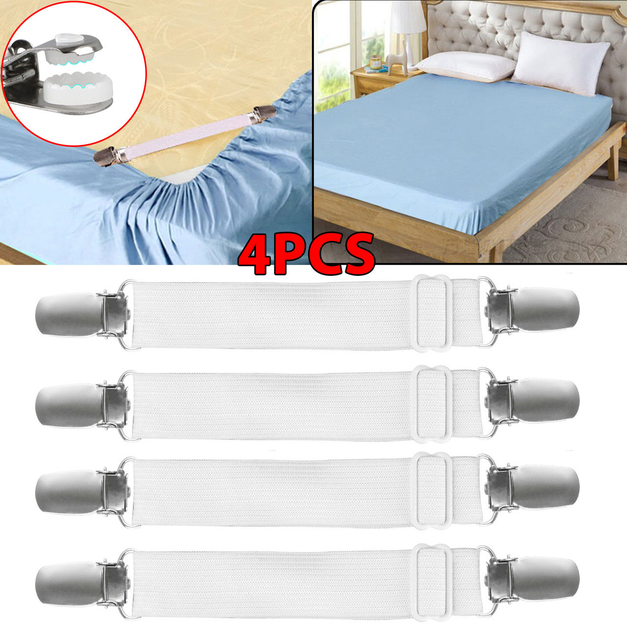 Sheet Band Straps Suspenders White Adjustable Bed Corner Holder Elastic Fasteners Clips Grippers Mattress Pad Cover Fitted, 4Pcs