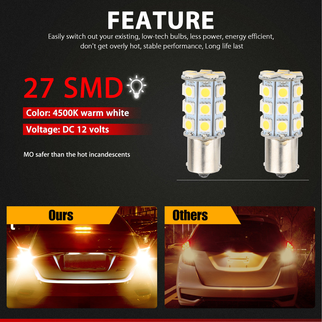 12V 1156 27SMD Car LED Light - 10PCS 1141 1003 1073 1093 1195 1295 4500 Warm White LED Bulbs for Car Interior RV Camper Trailer Light