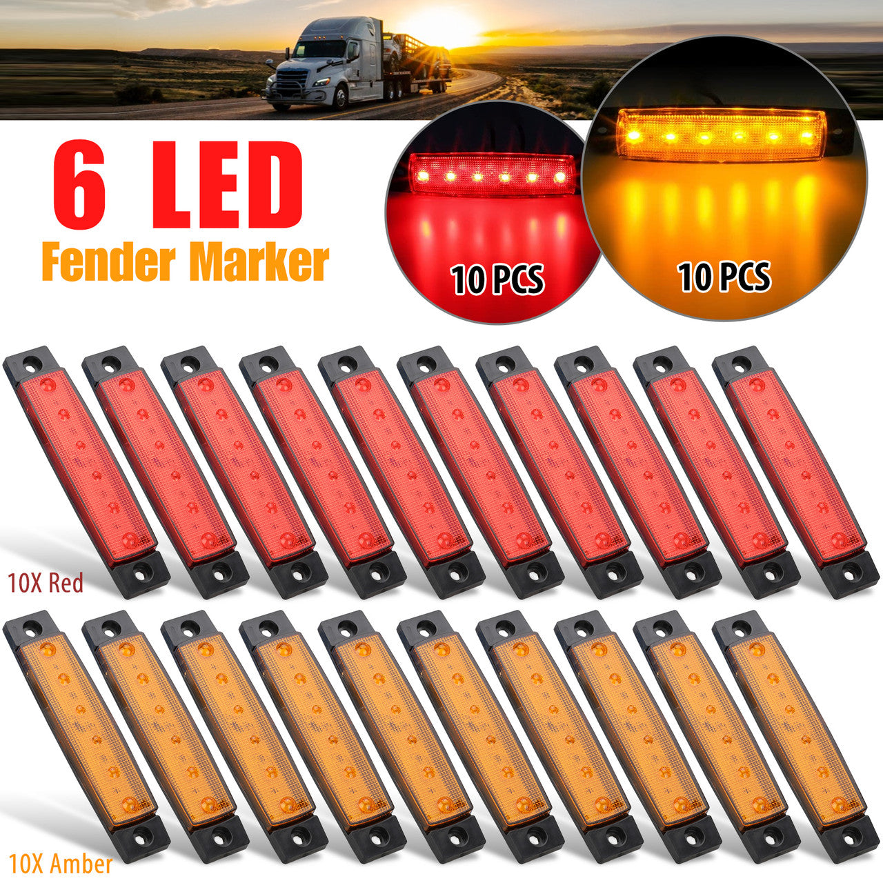 20x Amber/Red LED Light Indicators Side Marker Parking Turn Signal Truck Trailer