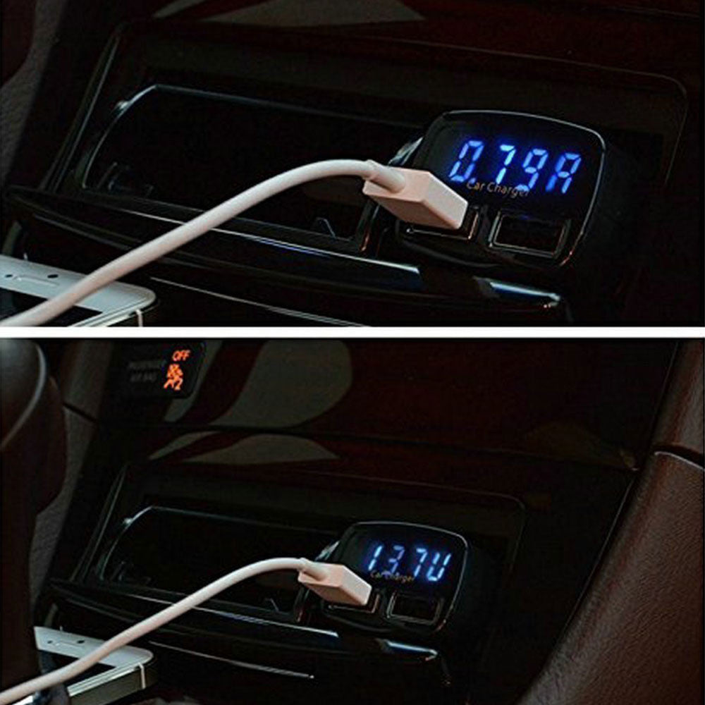 4-in-1 Dual USB Car Charger Adapter, 3.1A Cigarette Lighter Voltage Volt Meter Monitor, Over Current Protection and Blue LED Display Voltage Amps & Temperature (Degrees Celsius)