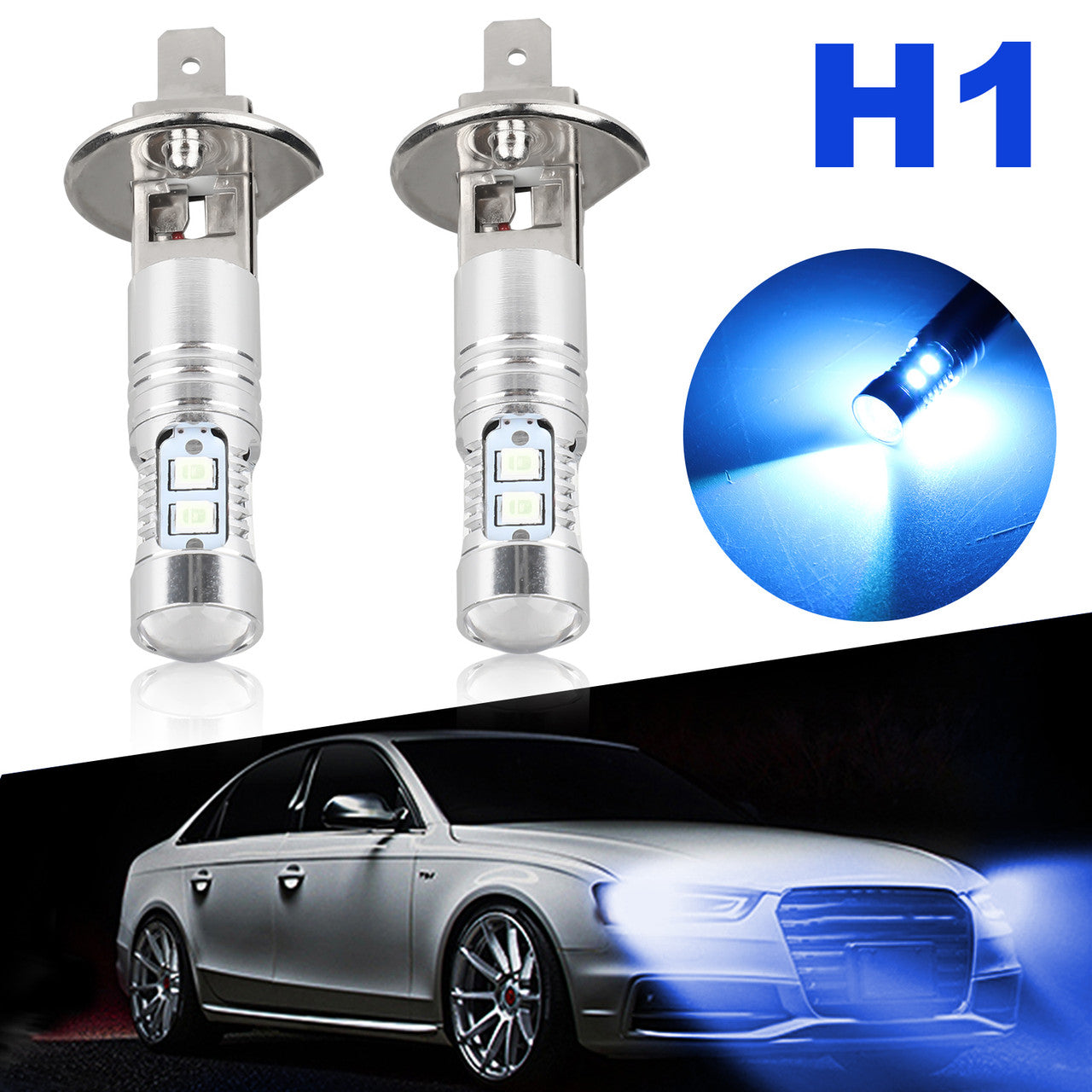 2x H1 Blue LED Headlight Bulb 8000K 1200LM Super Bright H1 Car Light Bulb Replacement for Headlight / Fog Light / Daytime Running Light, Plug & Play