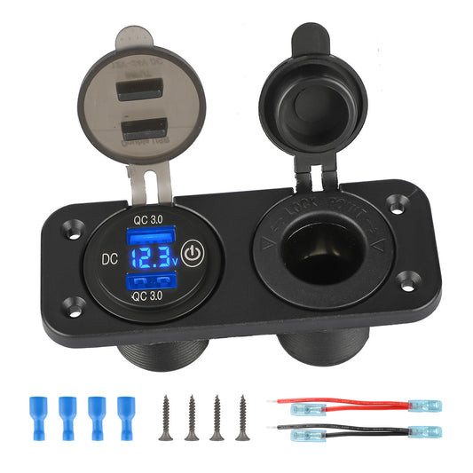 Cigarette Lighter Splitter Adapter and Dual USB Charger Socket w/ Touch Switch, Waterproof LED USB Charger Socket Power Outlet for 12V / 24V Car SUV RV Marine Boat, LED Voltmeter Display