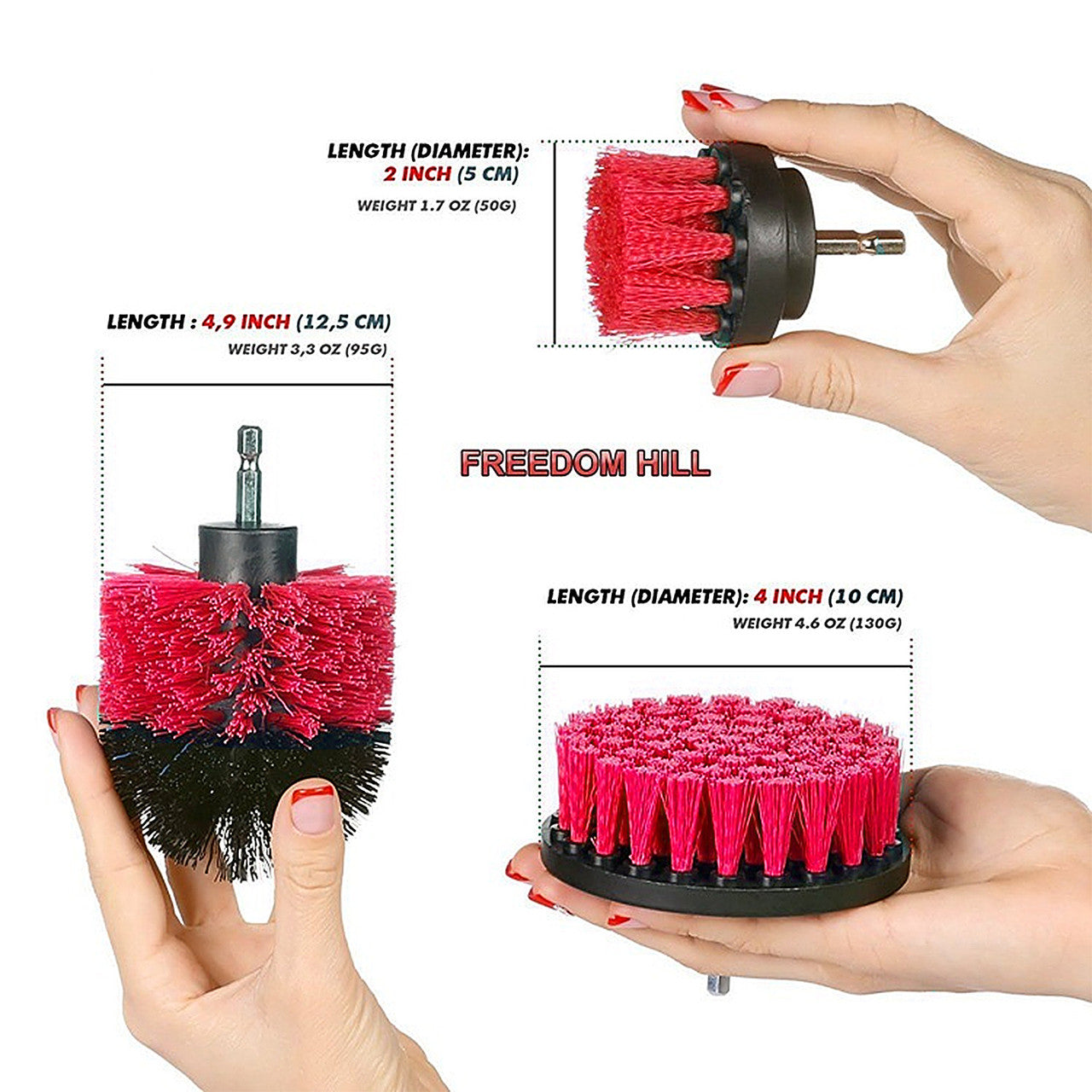 Drill Brush Attachment Set, Scrub Brush Drill Powered Car Detailing Cleaning Brush Kit - Universal for Auto, Bathroom Toilet, Grout, Floor, Shower, Tile, Sinks, Kitchen, Red, 3PCS