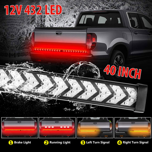 40" Tailgate Light Bar, 432 LED Double Row LED Light Strip, 1200LM Brake Running Turn Signal Reverse Tail Lights for 12V Trucks Trailer Pickup Car RV Van Jeep, Red Amber, Waterproof, Self-adhesive