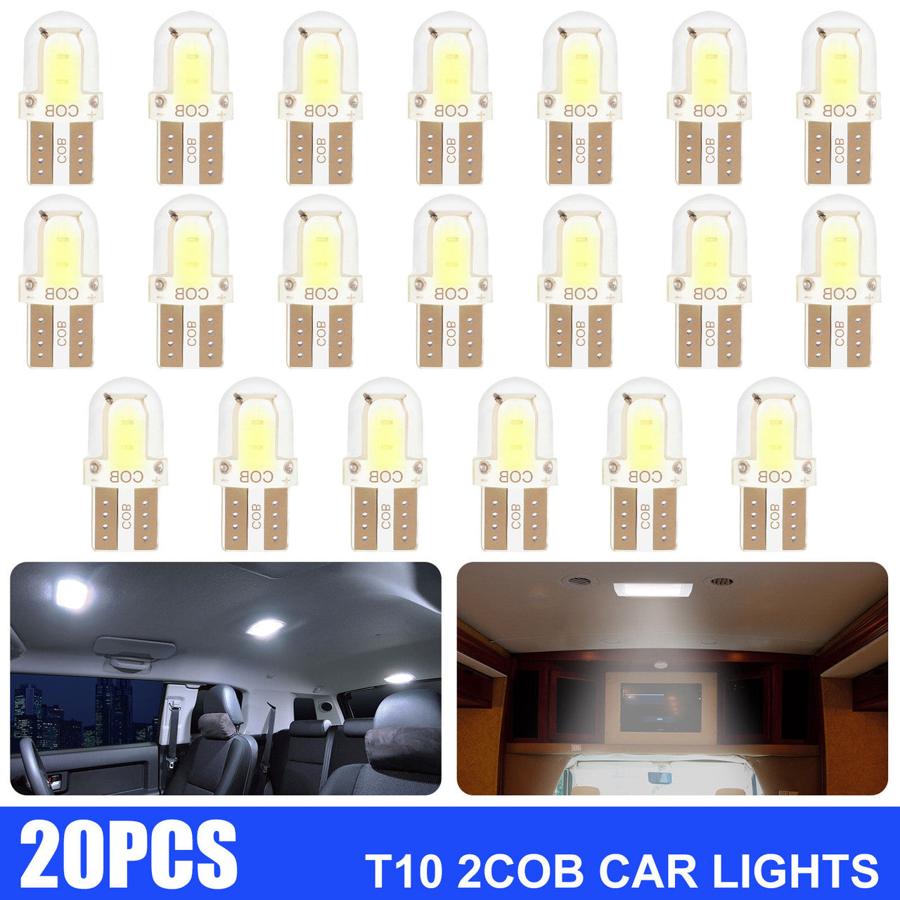 20Pcs T10 194 LED Bulbs Super Bright, T10 Wedge 194 168 158 W5W LED Bulbs, 2COB Chipset LED Bulbs for License Plate Lights Interior Map Dome Side Marker Courtesy Cargo Lights, 6000K Xenon White, 12V