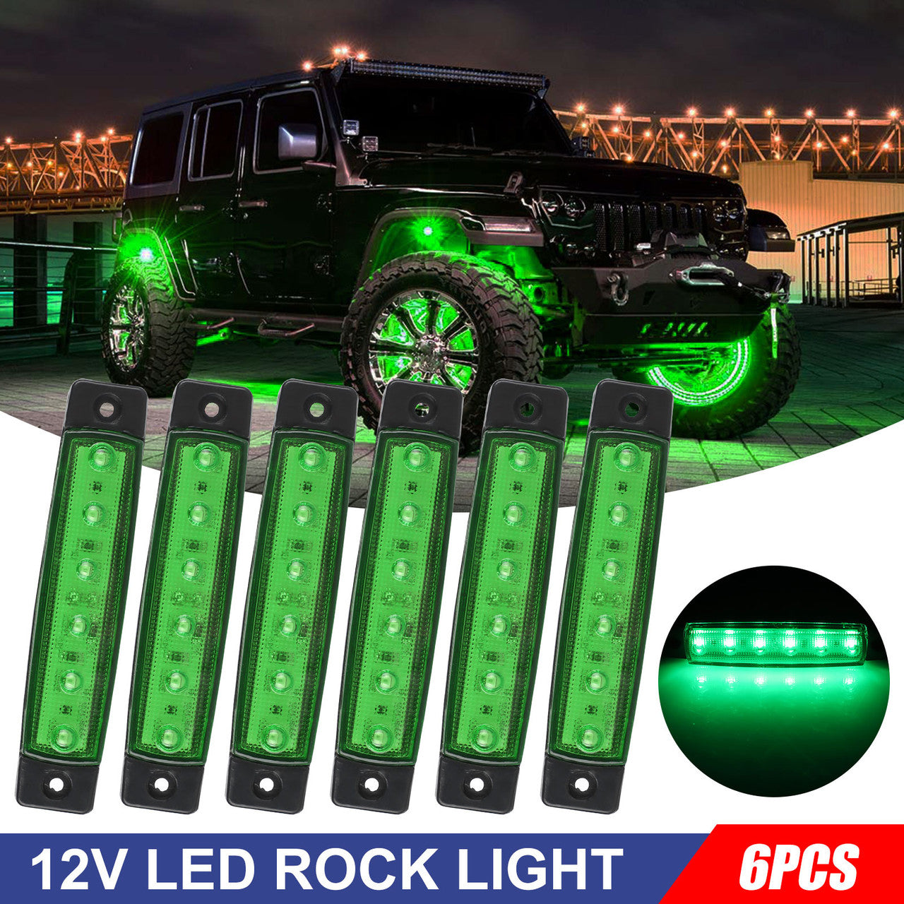Pod LED Lights, Waterproof Underglow Neon Lights, Led Under Glow Lights, Car Decoration Lights, Green, 12V, 6Pcs