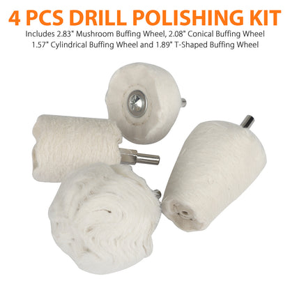 4Pcs Polishing Buffing Wheel for Drill, White Lint Polishing Grinding Pads for Wheel Cone, Column, Mushroom, T-Shaped Wheel Polishing Kit with 1/4 Handle for Metal, Stainless Steel, Wood, Ceramics