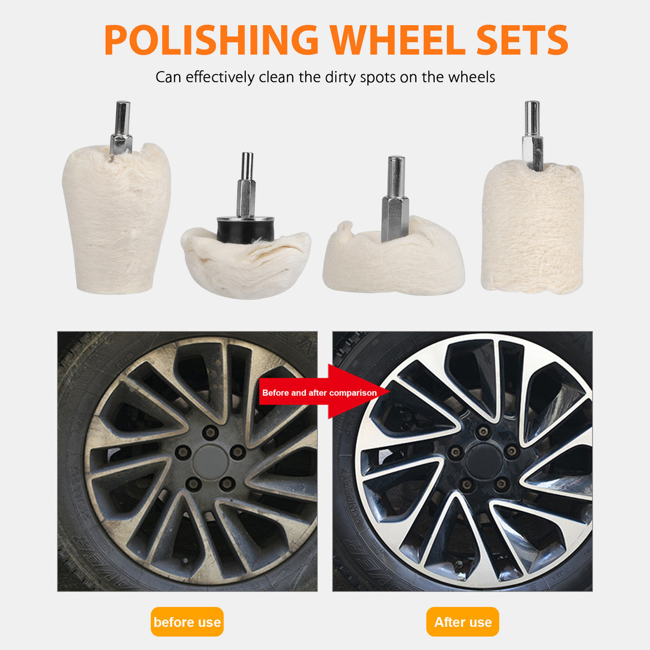 4Pcs Polishing Buffing Wheel for Drill, White Lint Polishing Grinding Pads for Wheel Cone, Column, Mushroom, T-Shaped Wheel Polishing Kit with 1/4 Handle for Metal, Stainless Steel, Wood, Ceramics