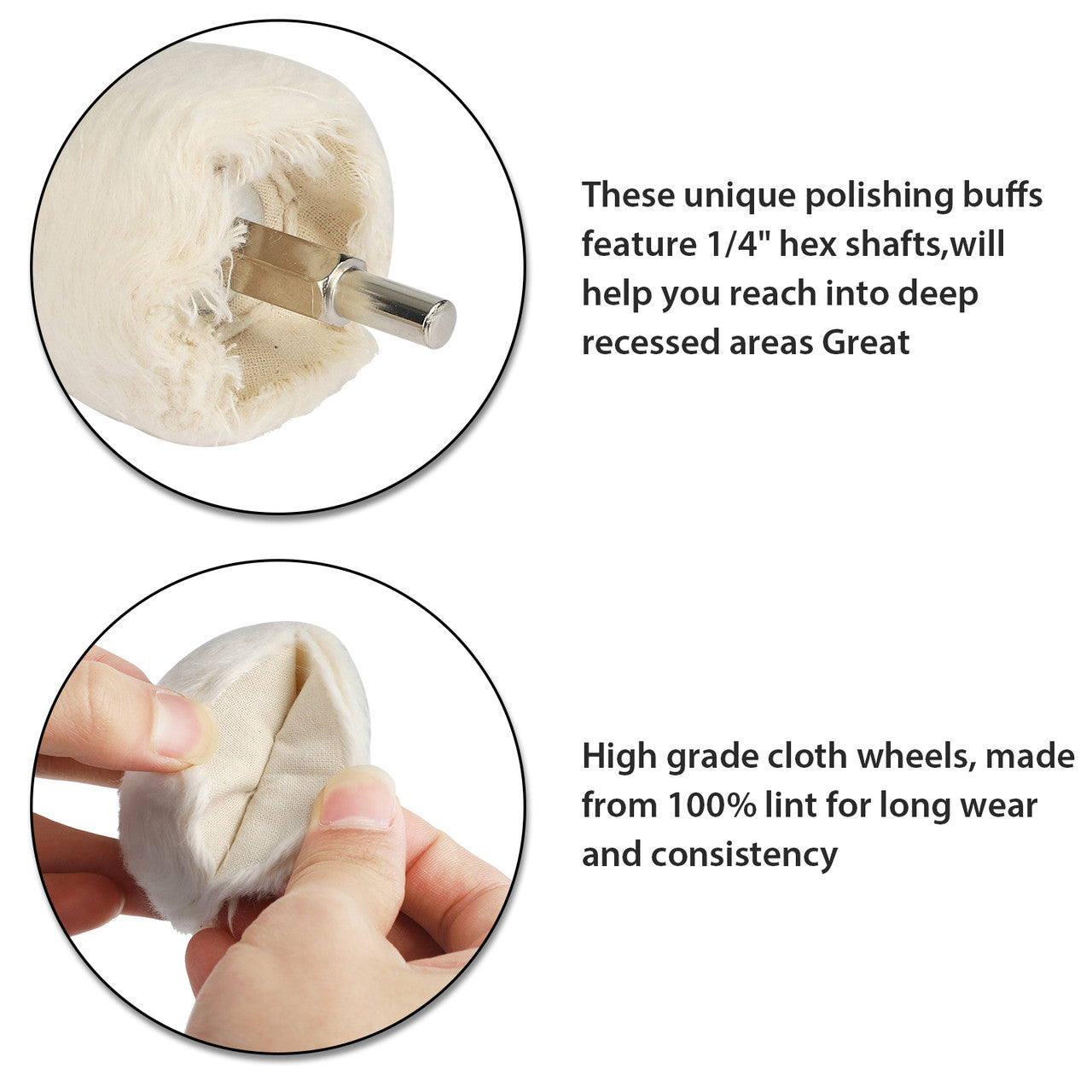 4Pcs Polishing Buffing Wheel for Drill, White Lint Polishing Grinding Pads for Wheel Cone, Column, Mushroom, T-Shaped Wheel Polishing Kit with 1/4 Handle for Metal, Stainless Steel, Wood, Ceramics