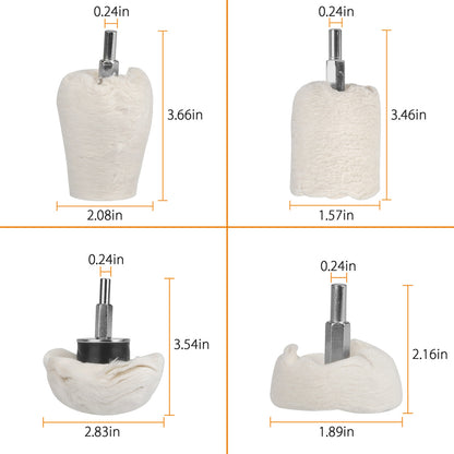 4Pcs Polishing Buffing Wheel for Drill, White Lint Polishing Grinding Pads for Wheel Cone, Column, Mushroom, T-Shaped Wheel Polishing Kit with 1/4 Handle for Metal, Stainless Steel, Wood, Ceramics