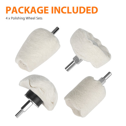 4Pcs Polishing Buffing Wheel for Drill, White Lint Polishing Grinding Pads for Wheel Cone, Column, Mushroom, T-Shaped Wheel Polishing Kit with 1/4 Handle for Metal, Stainless Steel, Wood, Ceramics