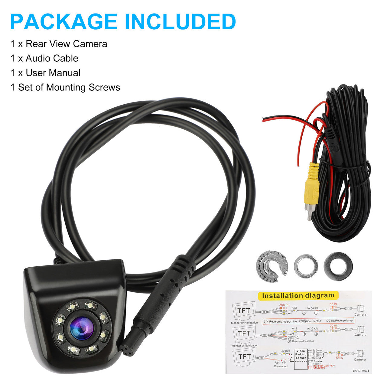 Car Rear View Reverse Camera, 170° Backup View Camera with Guide Line, Waterproof Super Night Vision Rear View Camera with 8 Night Lights, Reverse View Backup Camera for 12V Cars SUV RV Van