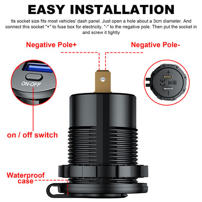 Dual USB Car Charger, Power Socket Outlet w/LED Digital Voltmeter, 12V