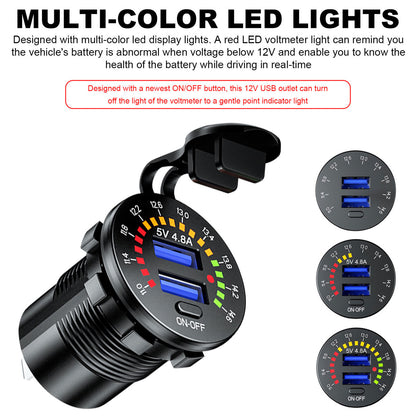 Dual USB Car Charger, Power Socket Outlet w/LED Digital Voltmeter, 12V