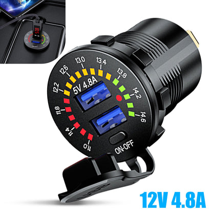 Dual USB Car Charger, Power Socket Outlet w/LED Digital Voltmeter, 12V