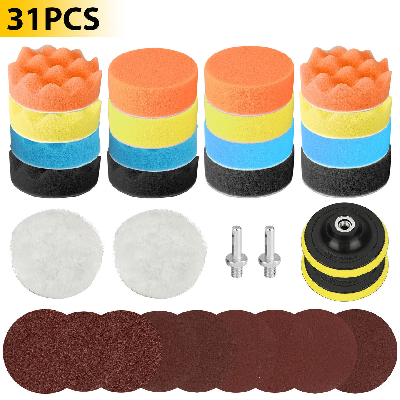 31Pcs 3 Inch Car Polishing & Buffing Sponge Pads Kit, Wool Bonnet Sponge Pad for Household Electric Drill and Auto Polisher with M14 Drill Adapter for Washing Cleaning Waxing Dusting Sealing Glaze