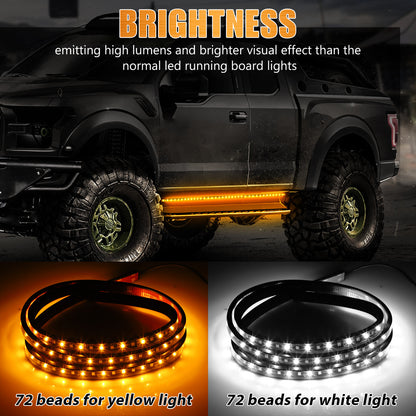 2Pcs 60" LED Running Board Lights, 144 LED Side Marker Step Strip Lights Combo Kit White & Amber, Amber for Turn Signal Lights, White for Reversing DRL Lights, Waterproof, for 12V Pickup Trucks