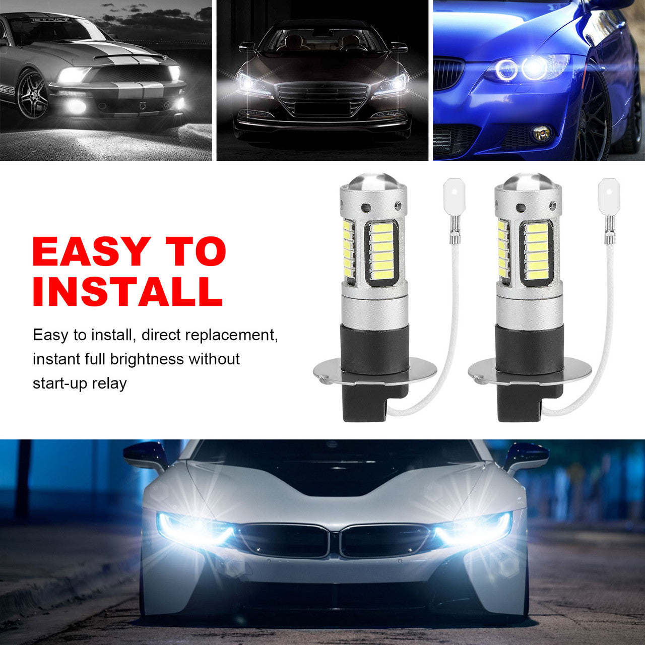 2Pcs H3 LED Headlights Fog Bulbs, Super Bright 4014 LED 1800LM Fog Lights Daytime Running Light DRL, Waterproof H3 LED Headlight Conversion Kit, 6000K Xenon White, 360° Beam Angle, 12V