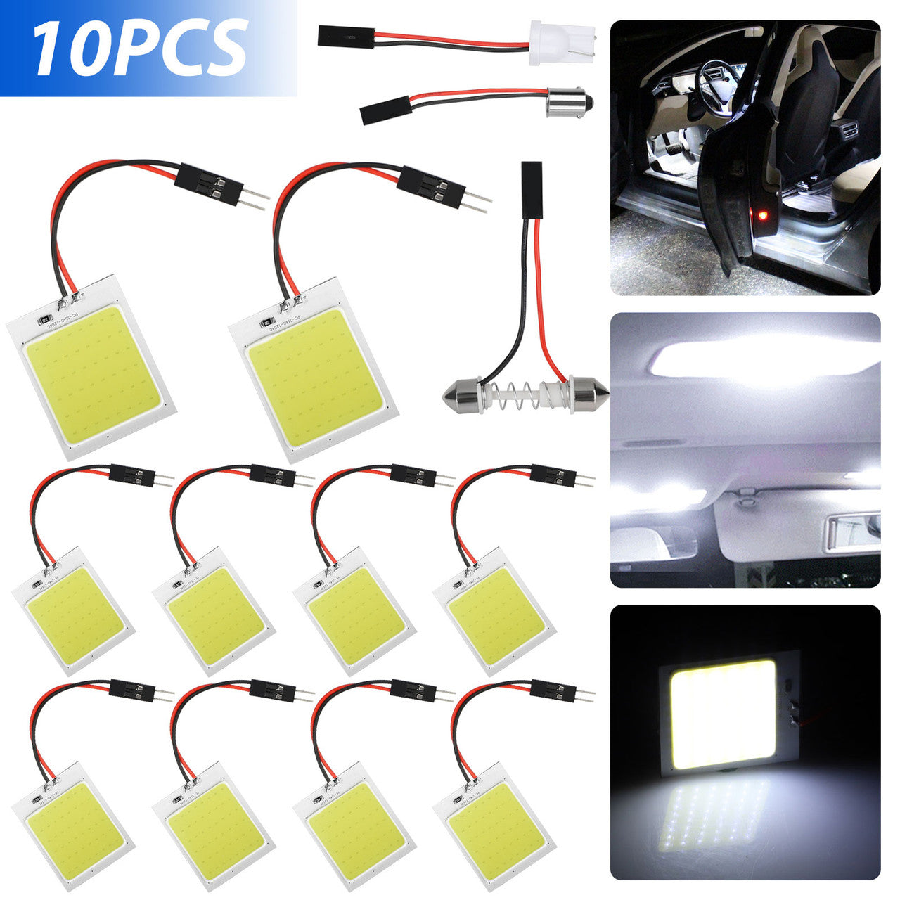 4Pcs 48SMD COB LED Panel Dome Lights, Car Interior Reading Map Lamp with T10/ BA9S/ Festoon Adapters, Instrument Light, Side Door Light, LED License Plate Lights for Car Truck RV SUV, White DC 12V