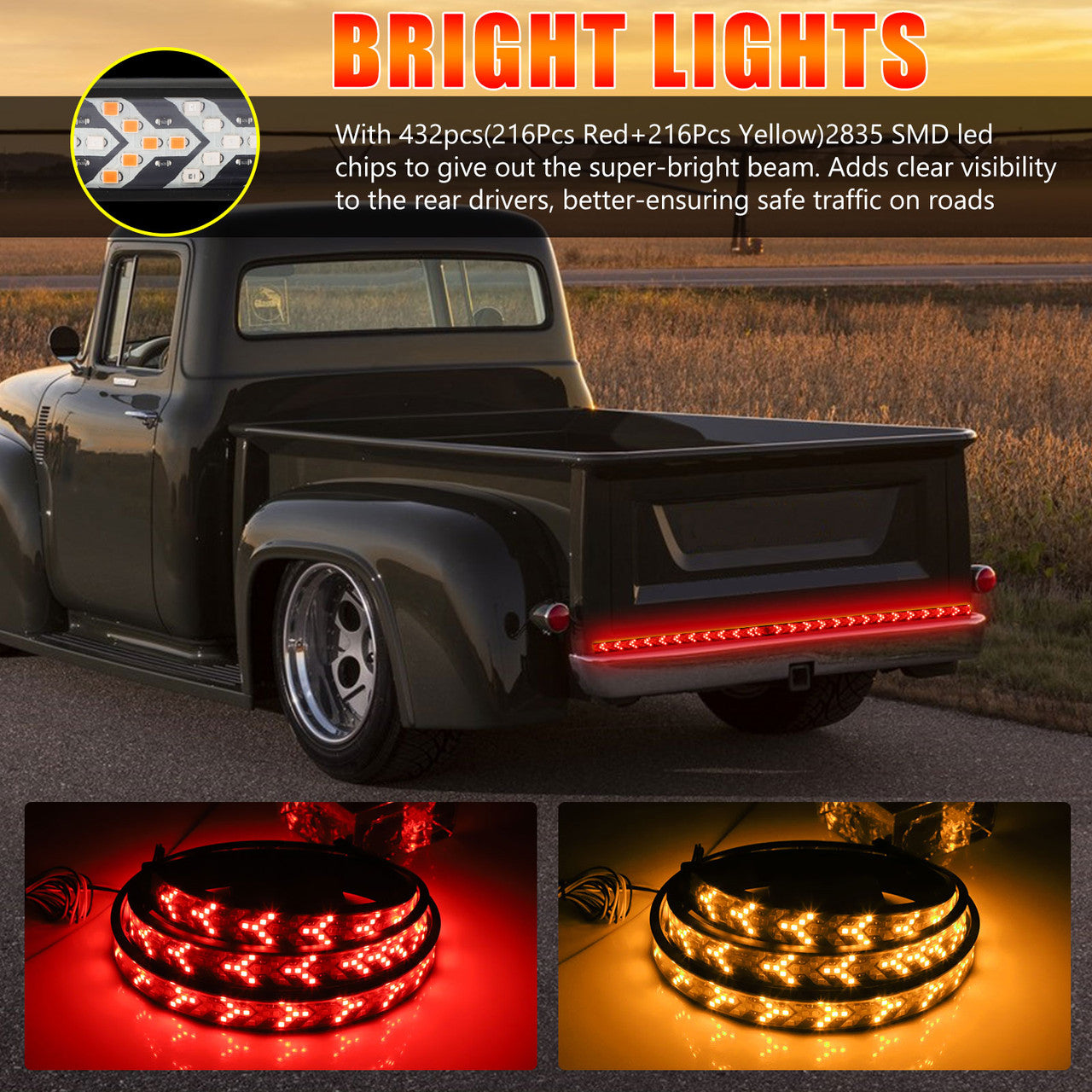 48" LED Pickup Truck Tailgate Light Bar Strip 3 Row Reverse Brake Turn Signal