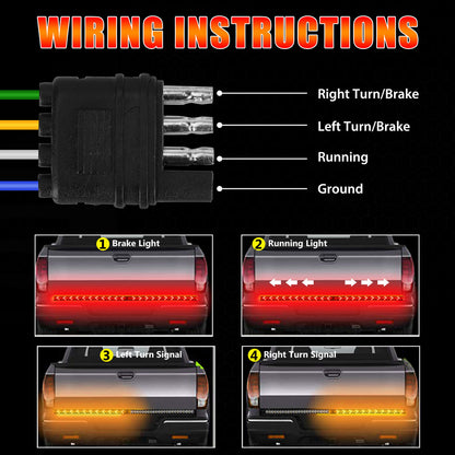 48" LED Pickup Truck Tailgate Light Bar Strip 3 Row Reverse Brake Turn Signal