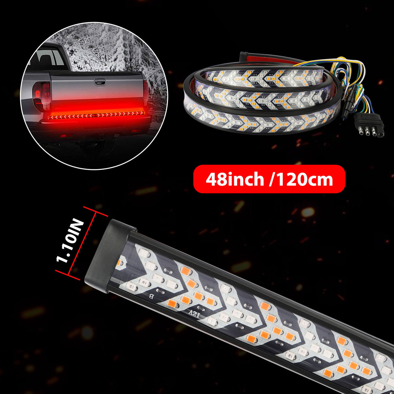 48" LED Pickup Truck Tailgate Light Bar Strip 3 Row Reverse Brake Turn Signal