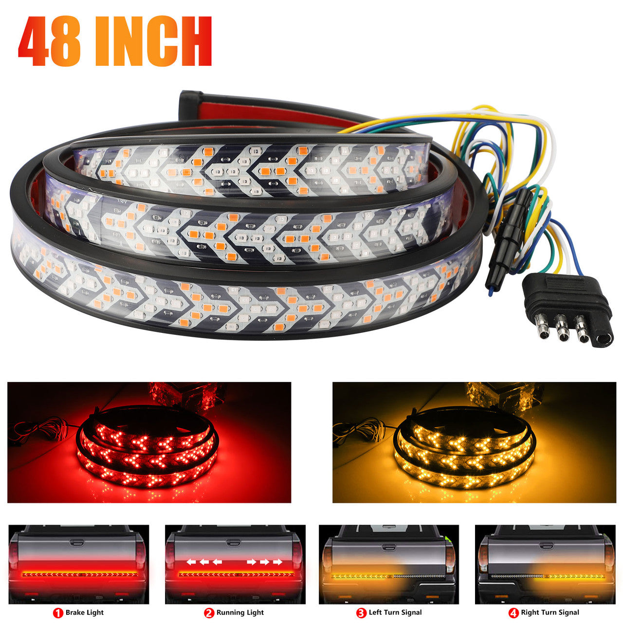 48" LED Pickup Truck Tailgate Light Bar Strip 3 Row Reverse Brake Turn Signal