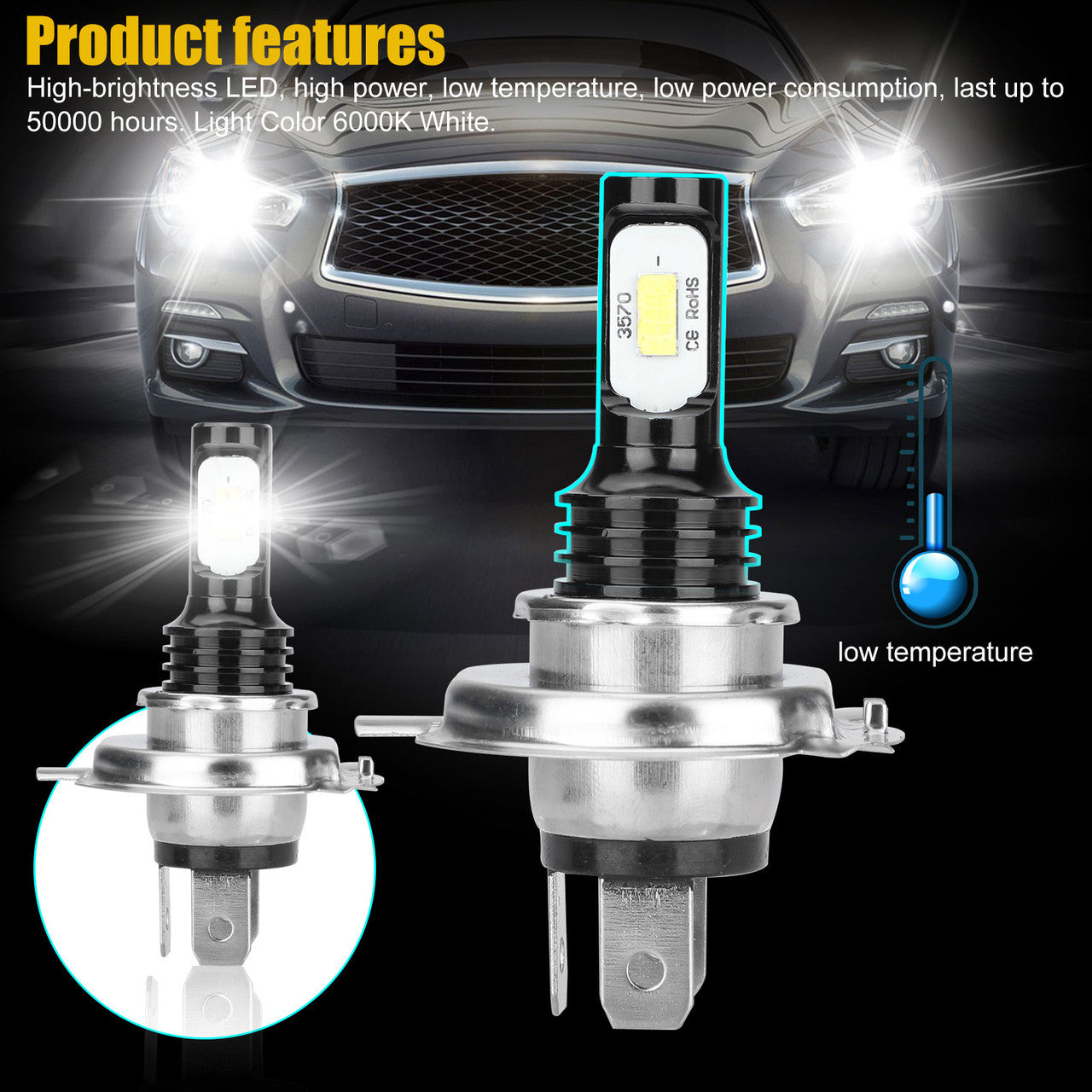 2Pcs H4 9003 LED Headlight Bulb, H4 LED Light Bulbs, 14000LM Extremely Bright 9003 Hi/Lo Beam Bulb 1:1 Halogen Design Conversion Kit, 6000K White, 360° Beam, Waterproof, Universal for 12V Vehicles