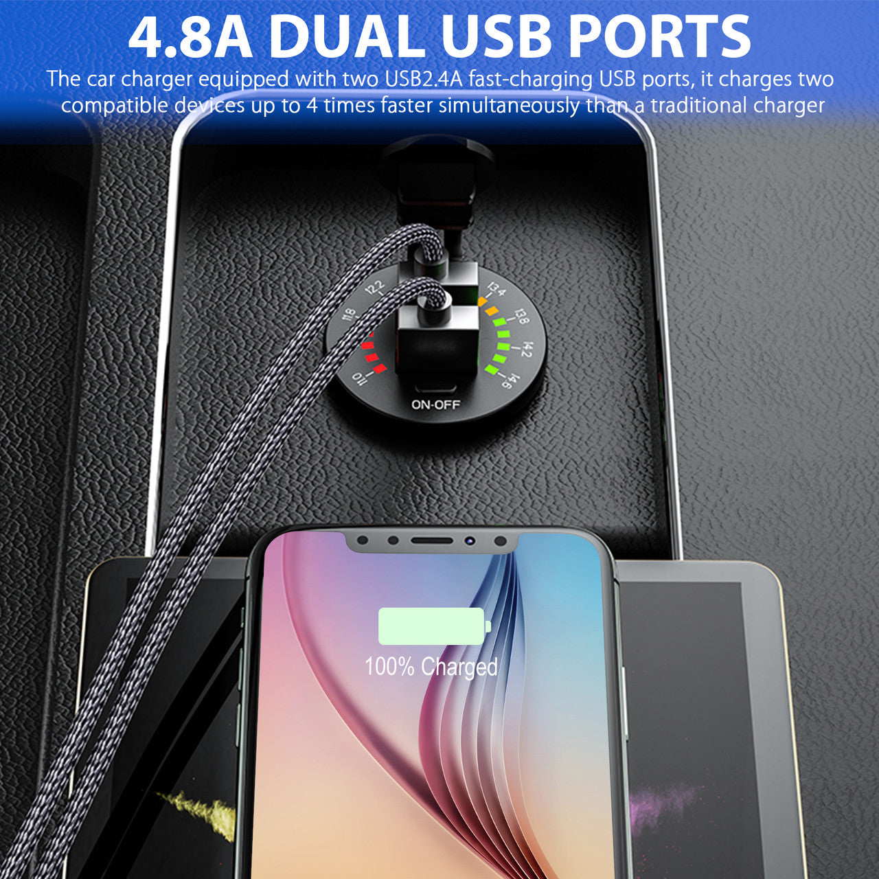 5V/ 4.8A Dual USB Charger Socket with 120W Cigarette Lighter Socket Splitter, Multicolor LED Charger Power Adapter Outlet with On/ Off Button, for 12-24V Car Boat Marine Truck, Waterproof