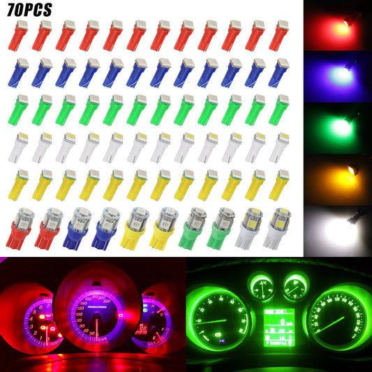 70Pcs T5 LED Instrument Dash Light Bulbs, T10 LED Dashboard Lights, T10 T5 LED Instrument Cluster Panel Gauge Dash LED Bulb Light, Fits for Corner Parking Side Marker Tail License Lights, 12V