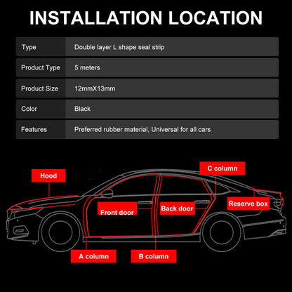 16Ft Double Layer Car Door Seal Strip, Universal Auto Windshield Seal Strip, Car L Shape Rubber Edge Weatherstrip for Door Sunroofs Engine Cover, Soundproofing Waterproof Weather Stripping