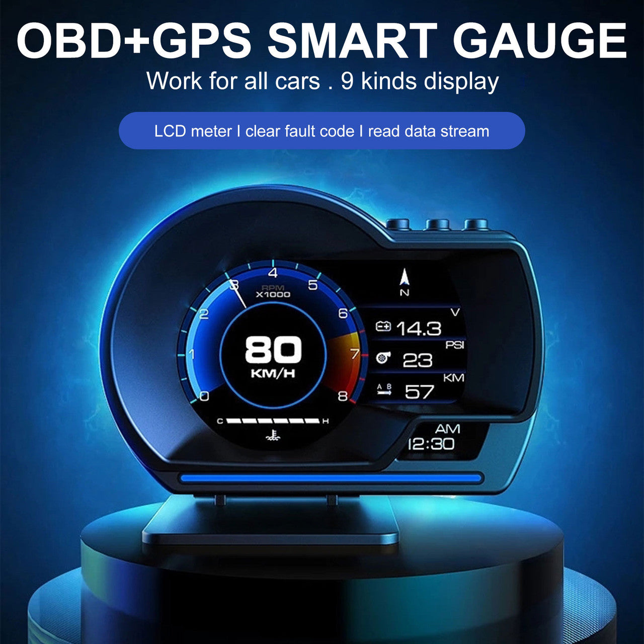 Car HUD Head Up Display, Dual OBD2 GPS Car HUD Gauge Head Up Display, Car Digital Display Speedometer, Driving Speed RPM Water Temperature Battery Voltage Mileage Monitoring, Alarm Sound, 12V