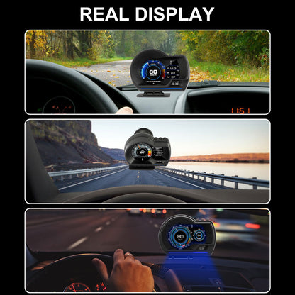 Car HUD Head Up Display, Dual OBD2 GPS Car HUD Gauge Head Up Display, Car Digital Display Speedometer, Driving Speed RPM Water Temperature Battery Voltage Mileage Monitoring, Alarm Sound, 12V