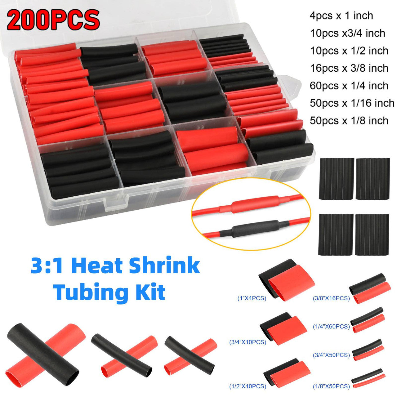 200 Packs Black Red Heat Shrink Tubing Kit - Marine Grade Shrink Wrap Automotive Industrial Electrictian Heat Shrink Tubing (Black, Red)