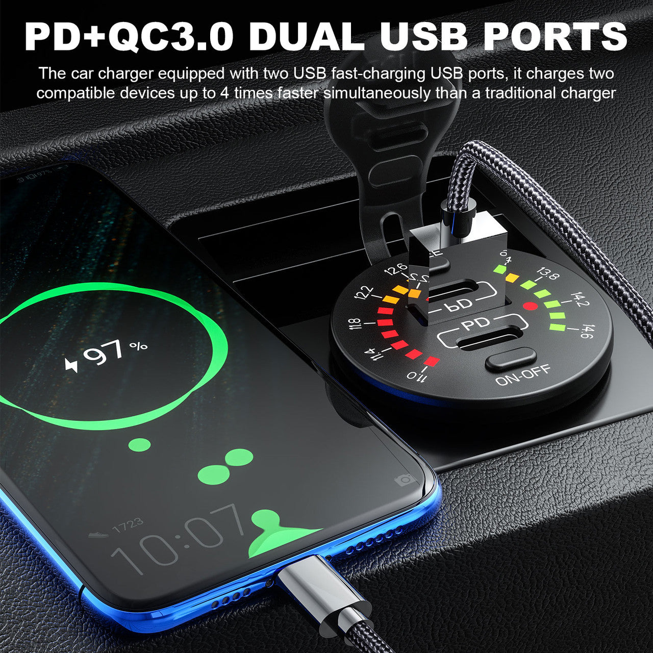 Quick Charge USB 3.0+PD Type C Car Charger Power Outlet Socket w/LED Voltmeter