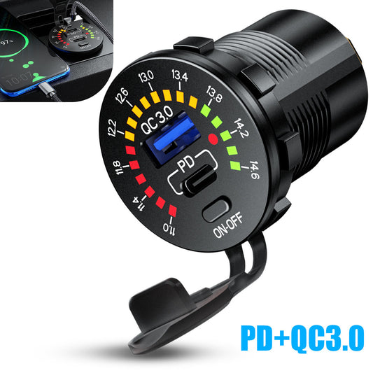 Quick Charge USB 3.0+PD Type C Car Charger Power Outlet Socket w/LED Voltmeter