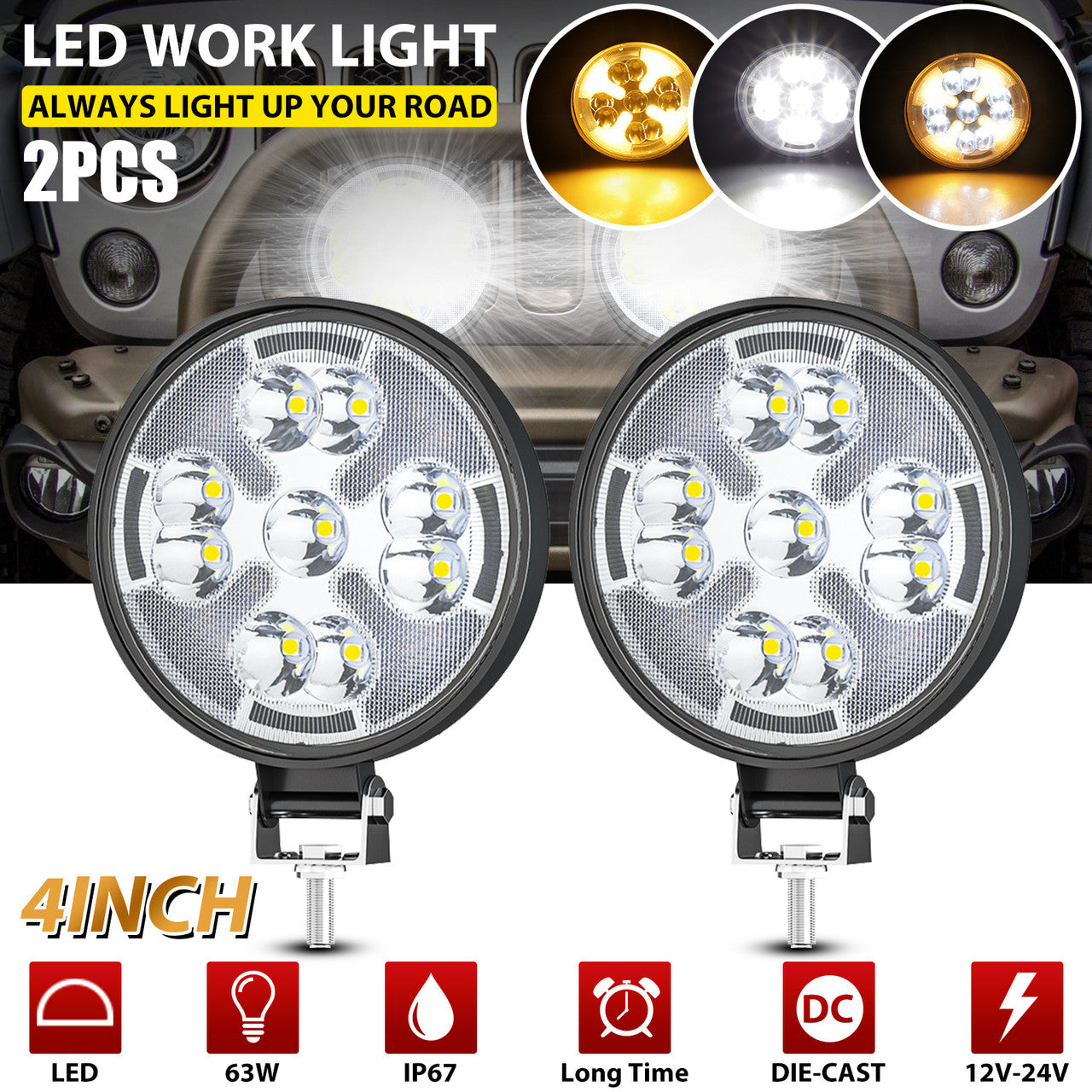 2PCS 4Inch Round LED Working Off-Road Lights IP67 with Universal Compatibility