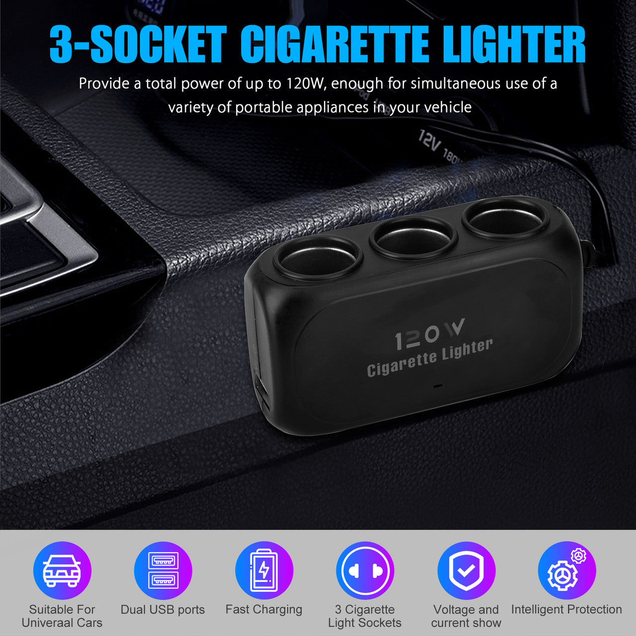 3 Way Car Cigarette Lighter Socket Splitter, 5V/ 3.1A Dual USB Car Charger Adapter 180W Cigarette Lighter Splitter with LED Charging Light, Universal for 12/24V Cars Pickups SUV Vehicles