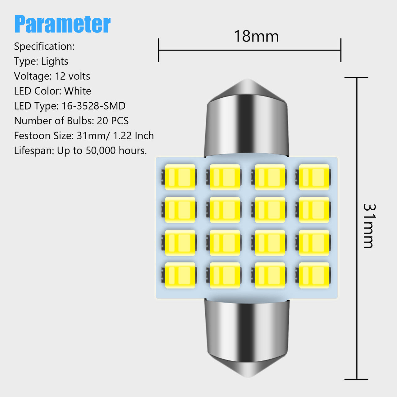 Car Interior Map Dome Light Bulb 31mm 3528 SMD LEDs 6000K White 12V, 20pcs