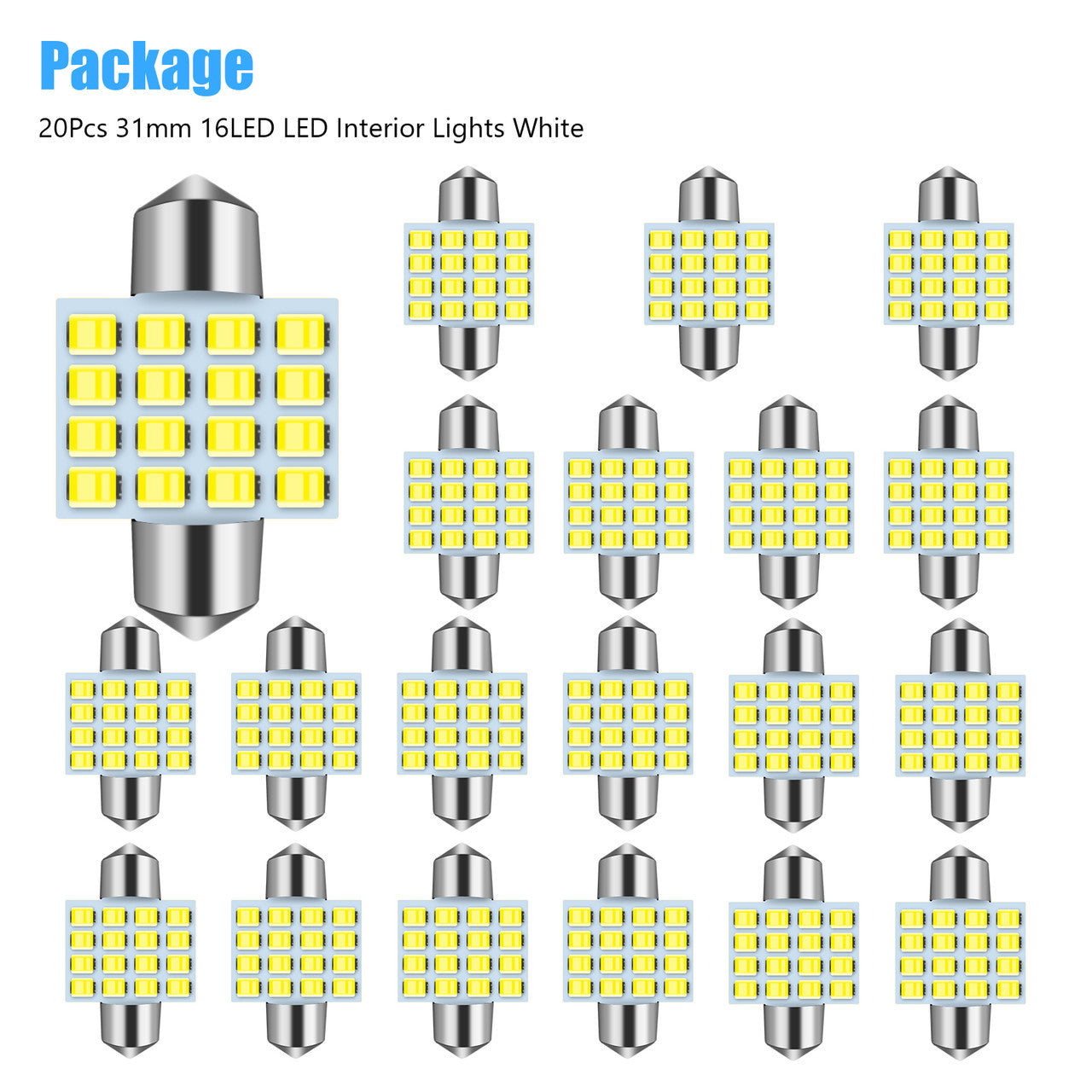 Car Interior Map Dome Light Bulb 31mm 3528 SMD LEDs 6000K White 12V, 20pcs