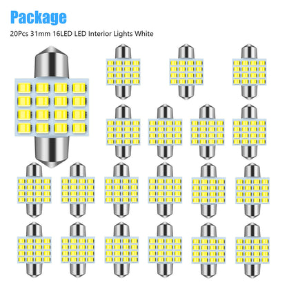 Car Interior Map Dome Light Bulb 31mm 3528 SMD LEDs 6000K White 12V, 20pcs