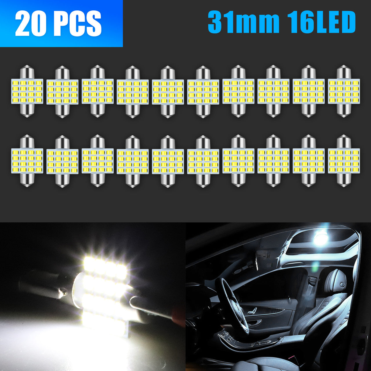 Car Interior Map Dome Light Bulb 31mm 3528 SMD LEDs 6000K White 12V, 20pcs