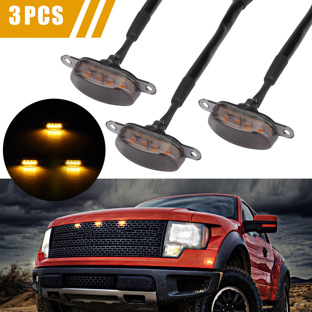 Amber LED Front Grille Lights Raptor Style Lighting Kit For Ford F150, 3pcs